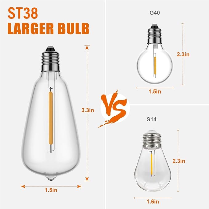 100FT Outdoor String Lights with Remote & Dimmer, Waterproof Patio Lights Commercial Grade ST38 LED - Shatterproof Edison Bulbs, Vintage Hanging Lighting for Backyard Garden Party