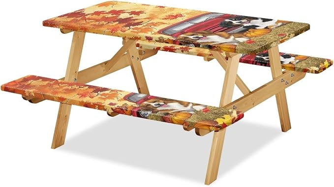 Maple Dog Pumpkin Outdoor Picnic Table Cover Thanksgiving 3 PCS Set Fitted Picnic Table Cover for Outdoor Camping