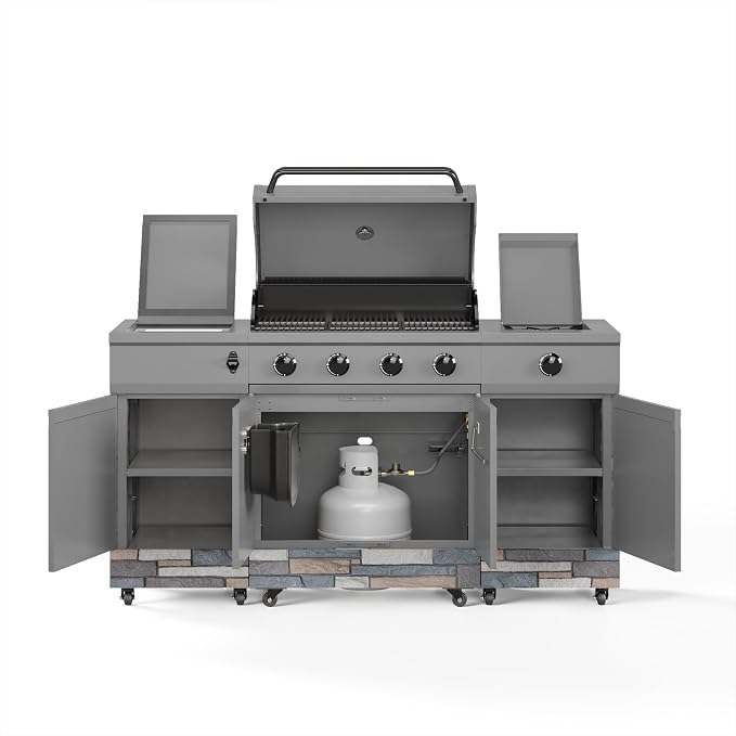 Tytus Fresno 66" 5-Burner Propane or Nat Gas Island Grill, 60K Total BTUs | Pre-assembled for fast install, 864 sq inch cooking area with Side Burner, Storage, Ice Bucket - Gunmetal / Ash Island