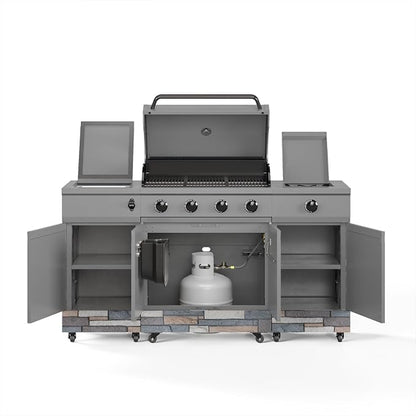Tytus Fresno 66" 5-Burner Propane or Nat Gas Island Grill, 60K Total BTUs | Pre-assembled for fast install, 864 sq inch cooking area with Side Burner, Storage, Ice Bucket - Gunmetal / Ash Island