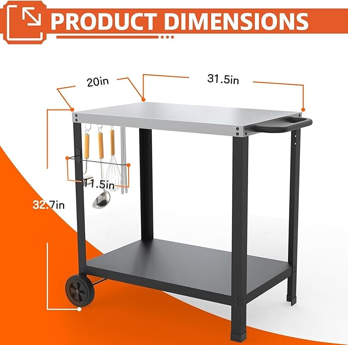 32x20IN Double-Shelves Grill Table, Outdoor Grill Cart for Blackstone Griddle, Movable Pizza Oven Table Cart for Outside Patio, Kitchen Cooking Food Prep Table for Party