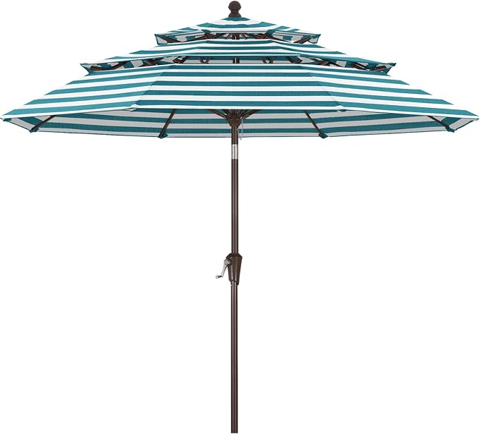 ABCCANOPY 9FT 3-Tier OLEFIN® Patio Umbrella with Stripe, 5-Year No Fading | Heavy Duty Fade-Resistance Outdoor Umbrella, 8 Sturdy Ribs, Tilt, Crank for Backyard, Garden, Yard, Pool, Turquoise Stripe