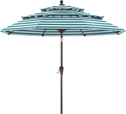 ABCCANOPY 9FT 3-Tier OLEFIN® Patio Umbrella with Stripe, 5-Year No Fading | Heavy Duty Fade-Resistance Outdoor Umbrella, 8 Sturdy Ribs, Tilt, Crank for Backyard, Garden, Yard, Pool, Turquoise Stripe