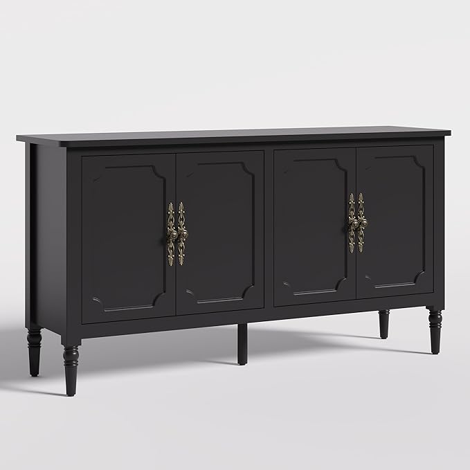 RoyalCraft Sideboard Buffet Cabinet with Storage, 59" Mid Century Modern Credenza with 4 Doors, Coffee Bar Wine Bar Storage Cabinet with Artistic Carved Handle for Living Room, Dining Room, Black