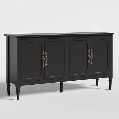 RoyalCraft Sideboard Buffet Cabinet with Storage, 59" Mid Century Modern Credenza with 4 Doors, Coffee Bar Wine Bar Storage Cabinet with Artistic Carved Handle for Living Room, Dining Room, Black
