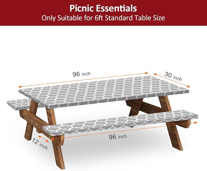 8ft 96in Picnic Table and Bench Cover, 3 Pack, Gray-White Moroccan | Drawstring Bag, Waterproof Windproof, Elastic Fitted Edges Tablecloth, for Rectangle Table & Seat, Camping Essentials RV Gear