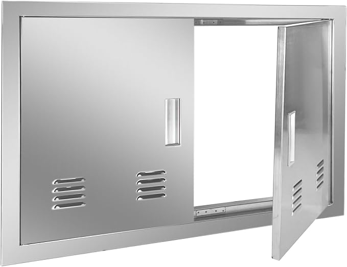 Outdoor Kitchen Door 30" W x 21" H Stainless Steel BBQ Double Access Door Flush Mount Vertical Wall Doors with Handle and Vents Suitable for Grilling Station Outside Cabinet Outdoor Kitchen