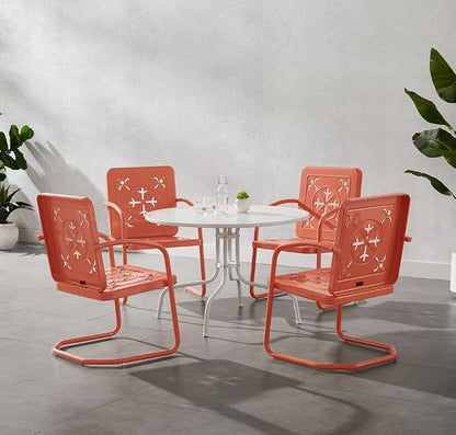 Crosley Furniture Azalea 5-Piece Vintage Outdoor Dining Set for 4, Retro Metal Round Patio Table and Chairs, Coral Gloss/White Satin