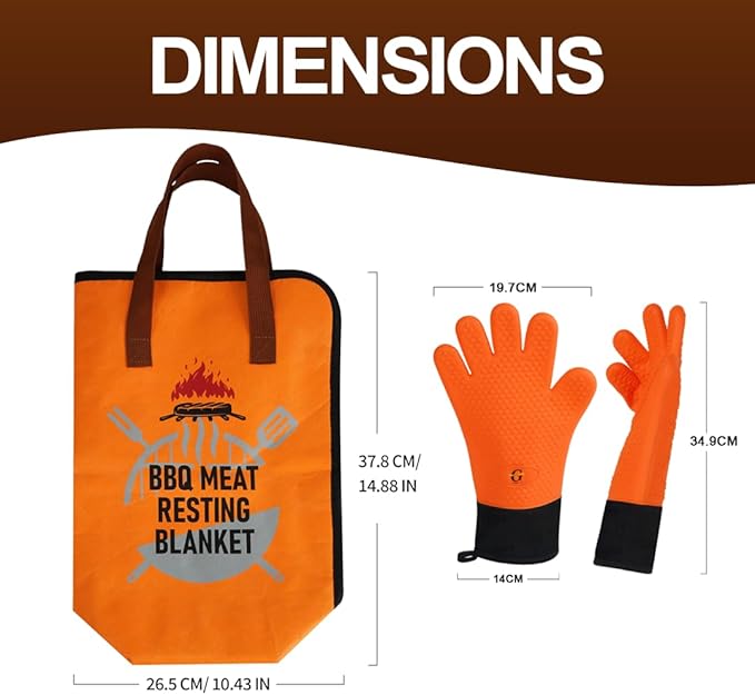 BBQ Gloves - Heat Resistant Gloves - Grill Accessories - Smoker Accessories - Silicone Oven Mitts Heat Resistant - Meat Resting Blanket Kit - Outdoor Cooking - Brisket - Turkey - Pulled Pork