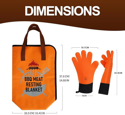 BBQ Gloves - Heat Resistant Gloves - Grill Accessories - Smoker Accessories - Silicone Oven Mitts Heat Resistant - Meat Resting Blanket Kit - Outdoor Cooking - Brisket - Turkey - Pulled Pork
