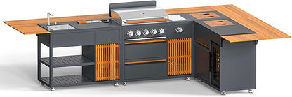 Outdoor Kitchen Island with Natural Teak and Powder Coated Stainless Steel Cabinet, LP Grill, Sink, Fridge, Movable BBQ Station Set for Backyard, Patio, Garden, Deck, Terrace (Grey, 4 SET)