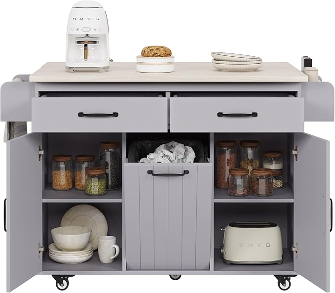 51.06" Mobile Kitchen Drop Leaf and Multipurpose Tilt-out Trash Can,Storage Cabinet w/Spice, Towel Rack & Drawer & Adjustable Shelf,Rolling Islands on Wheels,Grey, 50.25"