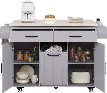 51.06" Mobile Kitchen Drop Leaf and Multipurpose Tilt-out Trash Can,Storage Cabinet w/Spice, Towel Rack & Drawer & Adjustable Shelf,Rolling Islands on Wheels,Grey, 50.25"