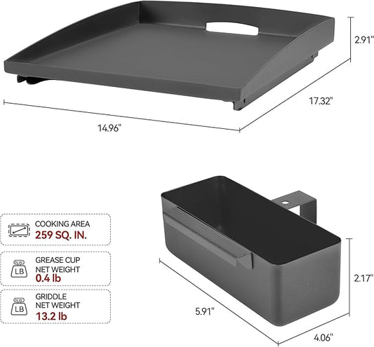 BP1501 Griddle Top and Grease Cup Combo, Ceramic-Coated Griddle Pan, Flat Griddle Gas Grill Pan with Grease Cup, 259 Sq. In. Nonstick Cooking Area, Durable for Outdoor Grilling