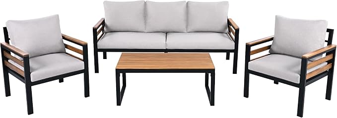 VilroCaz 4-Piece Outdoor Patio Furniture Sectional Sofa Set with Acacia Wood Armrests, All-Weather Conversation Set with Removable Cushion and Solid Wood Coffee Table for Garden Backyard (Beige-TH)