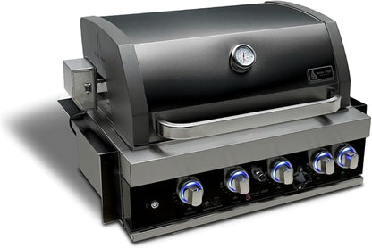 Mont Alpi Premium 32"W x 23"D x 21"H Black Stainless Steel 4-Burner 63000 BTUs Outdoor Kitchen Kitchen Island Heavy Duty Propane Built-in BBQ Gas Grill Head with Infrared Rear Burner + Rotisserie Kit