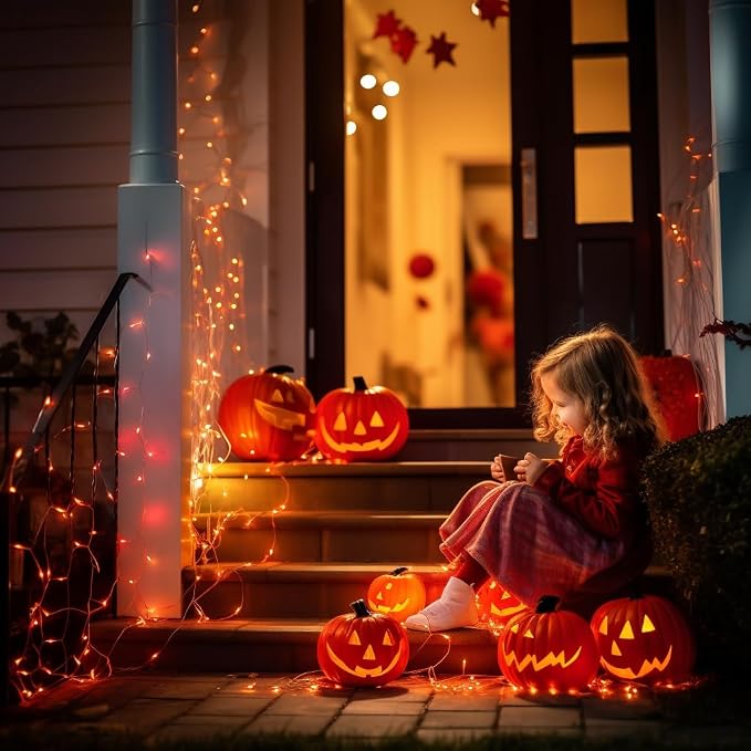 JMEXSUSS 200 LED Orange Halloween String Lights Outdoor Indoor Plug in | Connectable Orange Christmas Lights Clear Wire, Fall Light for Fireplace Tree Garden Patio Thanksgiving Fall Halloween Decor