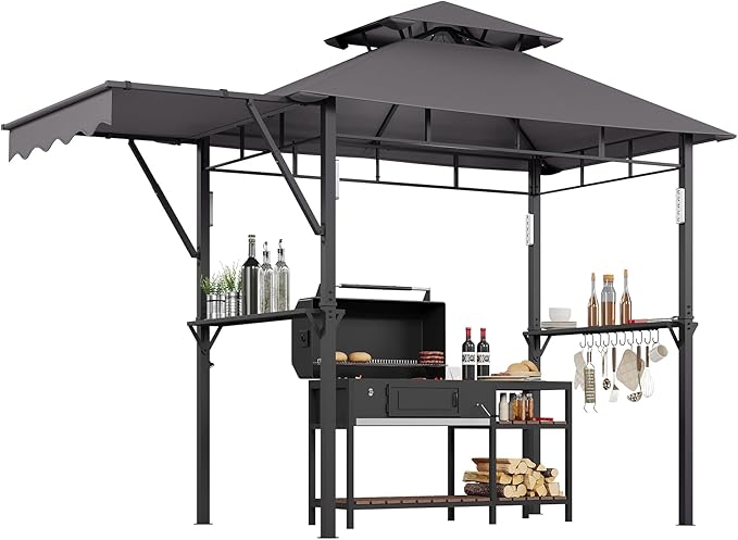 8x5 ft Grill Gazebo, Double Tired Outdoor Patio Canopy Tent with Side Awning Shelves, 4 LED Lights,10 Hooks & Bottle Opener,Heavy Duty Steel Frame Grilling Canopy for Patio Backyard Garden Picnic,Grey