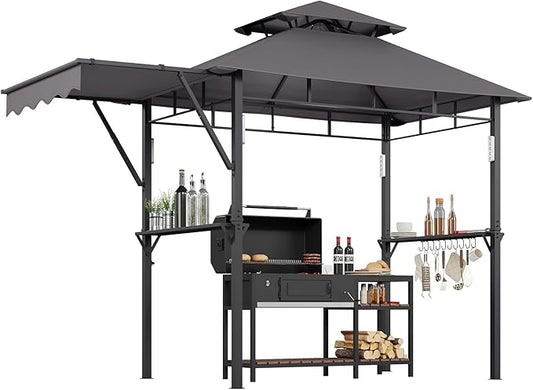 8x5 ft Grill Gazebo, Double Tired Outdoor Patio Canopy Tent with Side Awning Shelves, 4 LED Lights,10 Hooks & Bottle Opener,Heavy Duty Steel Frame Grilling Canopy for Patio Backyard Garden Picnic,Grey