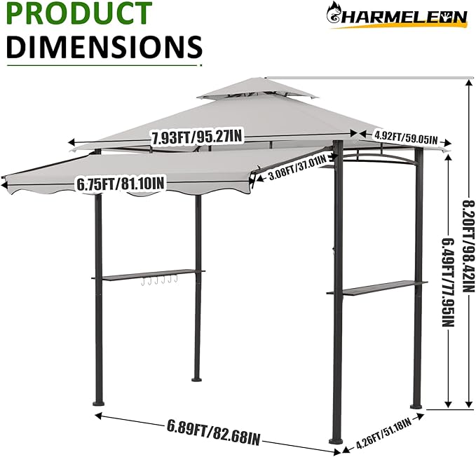 CHARMELEON 8x8 FT Grill Gazebo, Grill Canopy with Big Awning&2 Side Shelves&6 Hooks&Bottle Opener, Powder-Coated Steel BBQ Shelter for Patio Backyard Outdoor Grilling-Light Gray