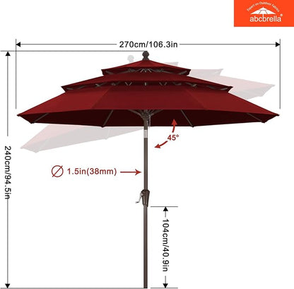 ABCCANOPY 9FT 3-Tier OLEFIN® Patio Umbrella, 5-Year No Fading, Burgundy | Heavy Duty Fade-Resistance Outdoor Table Umbrella, 8 Sturdy Ribs, Tilt, Crank for Deck, Backyard, Garden, Yard, Pool
