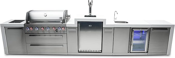 Mont Alpi Deluxe 180"W Stainless Steel Outdoor Kitchen Island with Refrigerator + Faucet & Sink + 3-tap Kegerator Beer Dispenser + 44"W 6-Burner BBQ Gas Grill + Granite Countertops + Storage + Cover