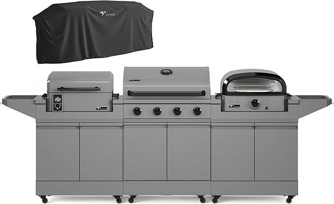 Tytus Anaheim 4-Burner Gas Grill with Two Prep Carts, Pellet Smoker, and Pizza Oven with Cover - Modular Outdoor Kitchen, Quick Assembly, Grill for Outdoor Cooking, Kitchen Island for BBQ