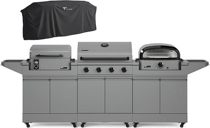 Tytus Anaheim 4-Burner Gas Grill with Two Prep Carts, Pellet Smoker, and Pizza Oven with Cover - Modular Outdoor Kitchen, Quick Assembly, Grill for Outdoor Cooking, Kitchen Island for BBQ