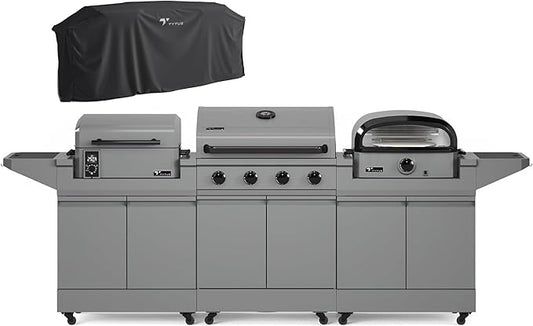 Tytus Anaheim 4-Burner Gas Grill with Two Prep Carts, Pellet Smoker, and Pizza Oven with Cover - Modular Outdoor Kitchen, Quick Assembly, Grill for Outdoor Cooking, Kitchen Island for BBQ