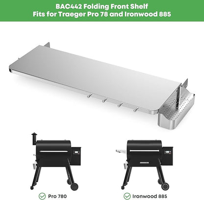 Stanbroil Stainless Steel Folding Front Shelf for Traeger Pro 780 & Ironwood 885 Pellet Grills, Upgraded Grill Shelf with Caddy Organizer, Paper Towel Holder & Hooks, Replacement for BAC442