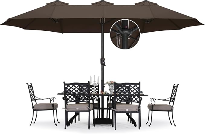 ABCCANOPY 15FT Double-Sided Rectangle Patio Umbrella with Base, Brown | Rectangular Outdoor Table Umbrella with Crank, Heavy Duty Market Umbrella Shade for Garden,Poolside, Lawn, Backyard
