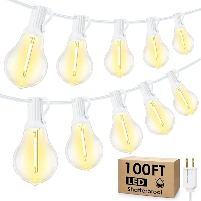 Larkvue 100FT Outdoor String Lights, LED Patio Lights with 32 Waterproof Shatterproof Dimmable A39 Hanging Bulbs(2 Spare) for Garden Wedding-White
