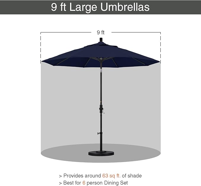 California Umbrella 9' Round Aluminum Market Umbrella, Crank Lift, Collar Tilt, White Pole, Navy Blue Olefin
