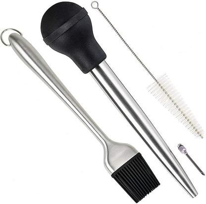 Deluxe 304 Stainless Steel Turkey Baster Syringe Injector Needle with Cleaning Brush & Heavy Duty 12 Inch Stainless Steel Handle Silicone BBQ Basting Brush
