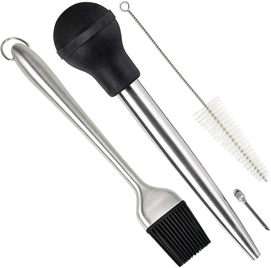 Deluxe 304 Stainless Steel Turkey Baster Syringe Injector Needle with Cleaning Brush & Heavy Duty 12 Inch Stainless Steel Handle Silicone BBQ Basting Brush