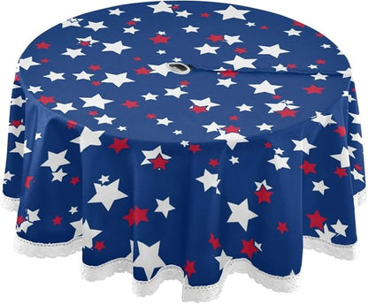 Patriotic Star Round Tablecloth 60" Waterproof Spillproof Polyester Fabric Table Cover with Zipper Umbrella Hole for Outdoor Patio Garden Dining Party