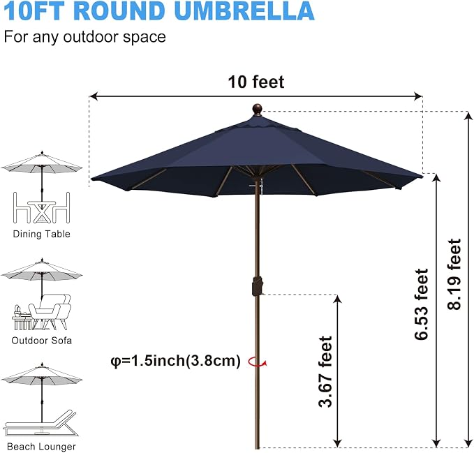 Eurmax USA 10-Year-Non-Fading 10FT Outdoor Patio Market Umbrella,UPF50+ UV Resistant Sun Shade,Heavy Duty Commercial Grade,Crank Lift Design,Windproof Vented Top for Garden,Pool,Deck,Navy Blue