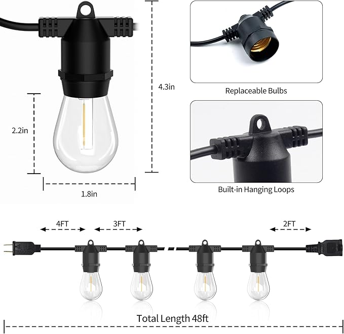 S14 LED Outdoor String Lights, IP65 Waterproof 48FT Outside Patio Lights, Edison Shatterproof Bulb Vintage Backyard Lights, Balcony, Deck, Garden Lights
