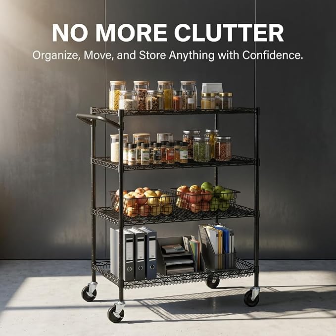 Finnhomy 4 Tier Heavy Duty Commercial Grade Rolling Cart with Handle Bar, Metal Wire Utility Cart with Wheels, Shelf Size 18" D x 30" W, NSF Listed, Black