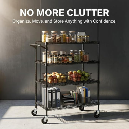 Finnhomy 4 Tier Heavy Duty Commercial Grade Rolling Cart with Handle Bar, Metal Wire Utility Cart with Wheels, Shelf Size 18" D x 30" W, NSF Listed, Black