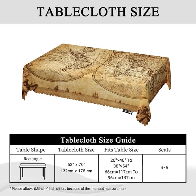 Swono Rectangle Tablecloth World Map Table Cover 52x70 Inch Vintage World Map Earth Global Geography Table Cloth for Rectangle Tables Decorative Tablecloth for Dining Party Camping BBQ