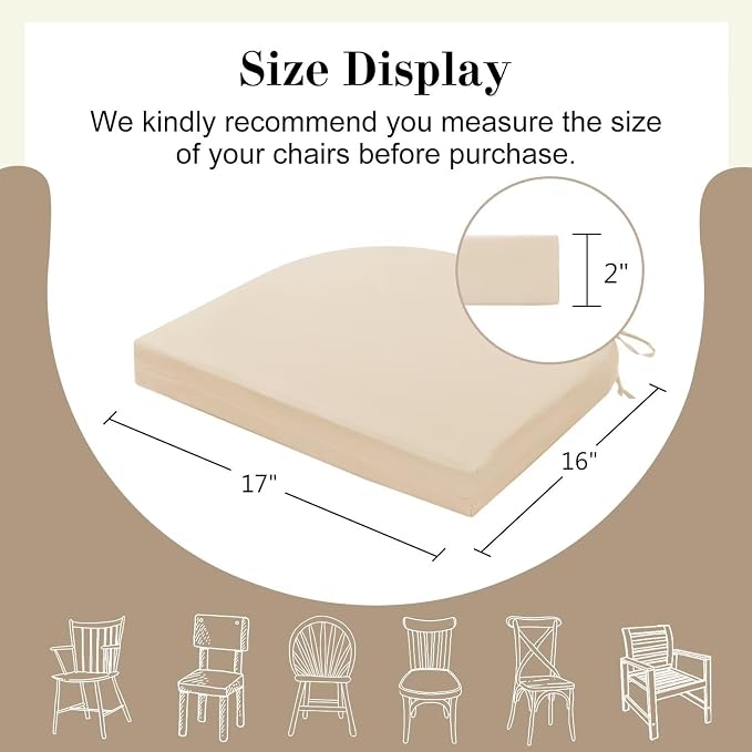 Cozyide Outdoor Chair Cushions, Waterproof Patio Seat Cushions with Adjustable Straps, Round Corner Patio Chair Cushions for Garden, Beige, 17x16x2 Inch (Pack of 4)