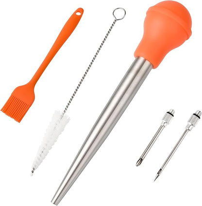 Turkey Baster, Stainless Steel Turkey Baster Silicone Bulb with 2 Marinade Injector Needles and 2 Brush for Cooking Easy Clean and Dishwasher Safe Color Orange
