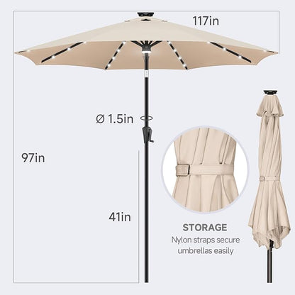 FLAME&SHADE Solar Patio Umbrella with Centre Light, 10 FT Beige | UV Protection, Small Solar Outdoor Umbrella for Porch, Deck, Backyard, Garden, Provides Evening Lighting, 40 LED Lights