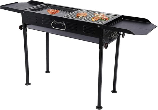 Large Charcoal BBQ Grills, Portable Charcoal Grill Adjustable Height, Outdoor Barbecue Grill with Dual-Zone Individual & Adjustable Charcoal Tray, Black