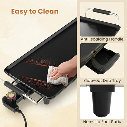 SIMOE 35 Inch Large Electric Griddle, Teppanyaki Grill BBQ with 4-Level Adjustable Temperature, Insulated Handles & Drip Tray, Indoor Outdoor Extra Long Griddle Pan Electric for Party, Home, Camping