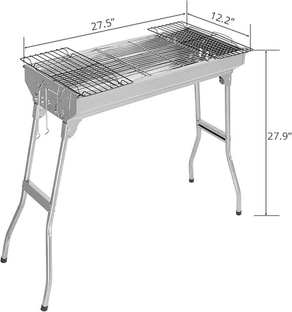 Portable BBQ Charcoal Standing Grill, Stainless Steel Metal Outdoor Cooking Grill for Steaks in Courtyard, Backyard Patio, Camping, Tailgating, and Picnics with Iron Grill, Carbon Mesh Silver