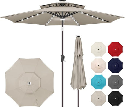 Solar Patio Umbrella Outdoor with Centre Light, 9 ft Taupe | 2 Tiers, 40 LED Lights, UV Protection, Solar Outdoor Umbrella for Porch, Deck, Pool, Garden, Provides Evening Lighting