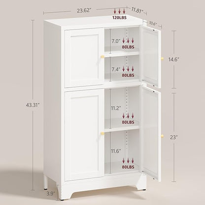 43" H Small Storage Cabinets,Metal White Pantry Cabinets with Doors,Food Pantry Cabinet with 4 Doors and Shelves for Kitchen Dining Room