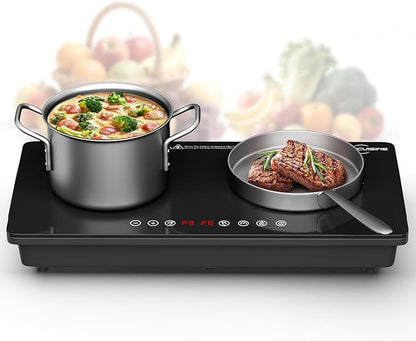 1800W Double Induction Burner, Minimal Cross-Pattern Panel, 2×900W Cooking Zones, Touch Control, 8 Power Levels, 1–99 min Timer, Durable Ceramic Glass for Magnetic Pots